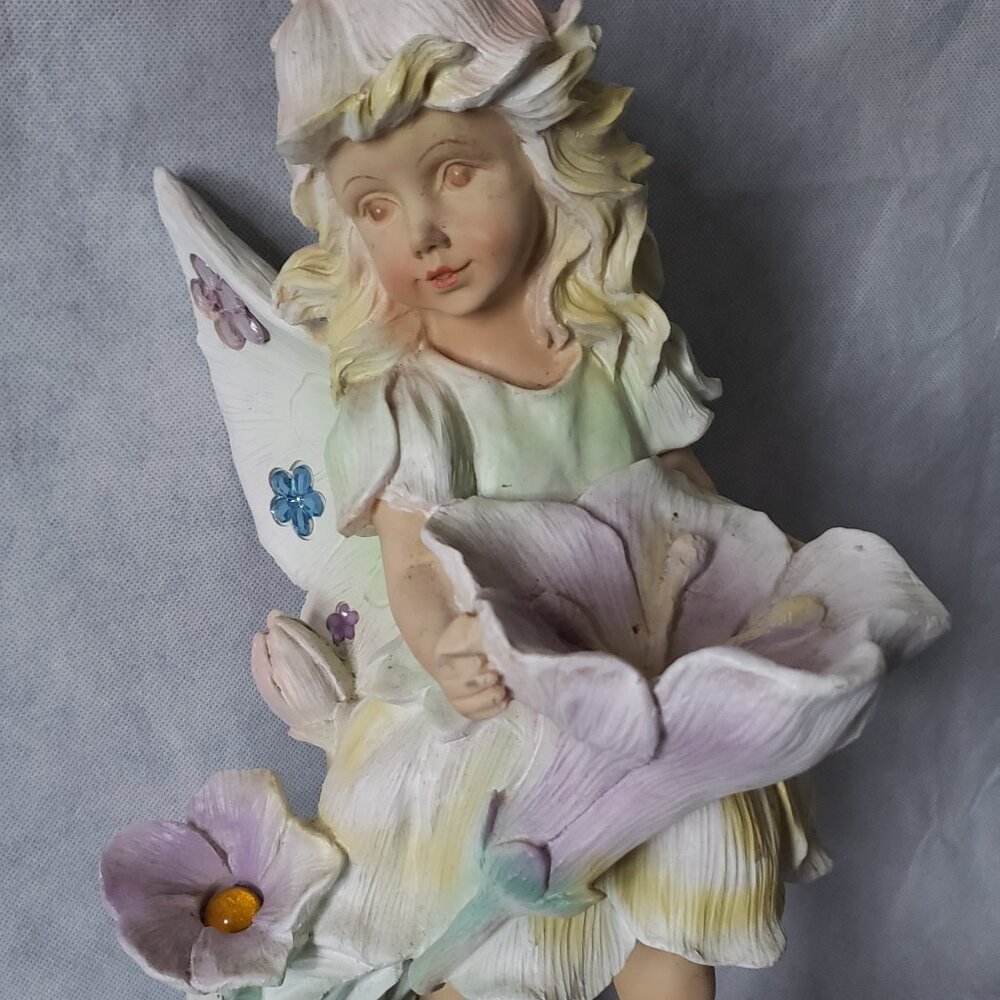 Large Flower Garden Fairy Vtg Pastel Chalkware Statue MCM Tabletop 16" Figure